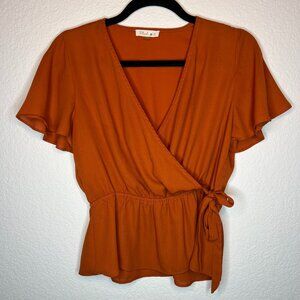 Shirt Sleeve Splice V-Neck Blouse  Top Side Tie Details